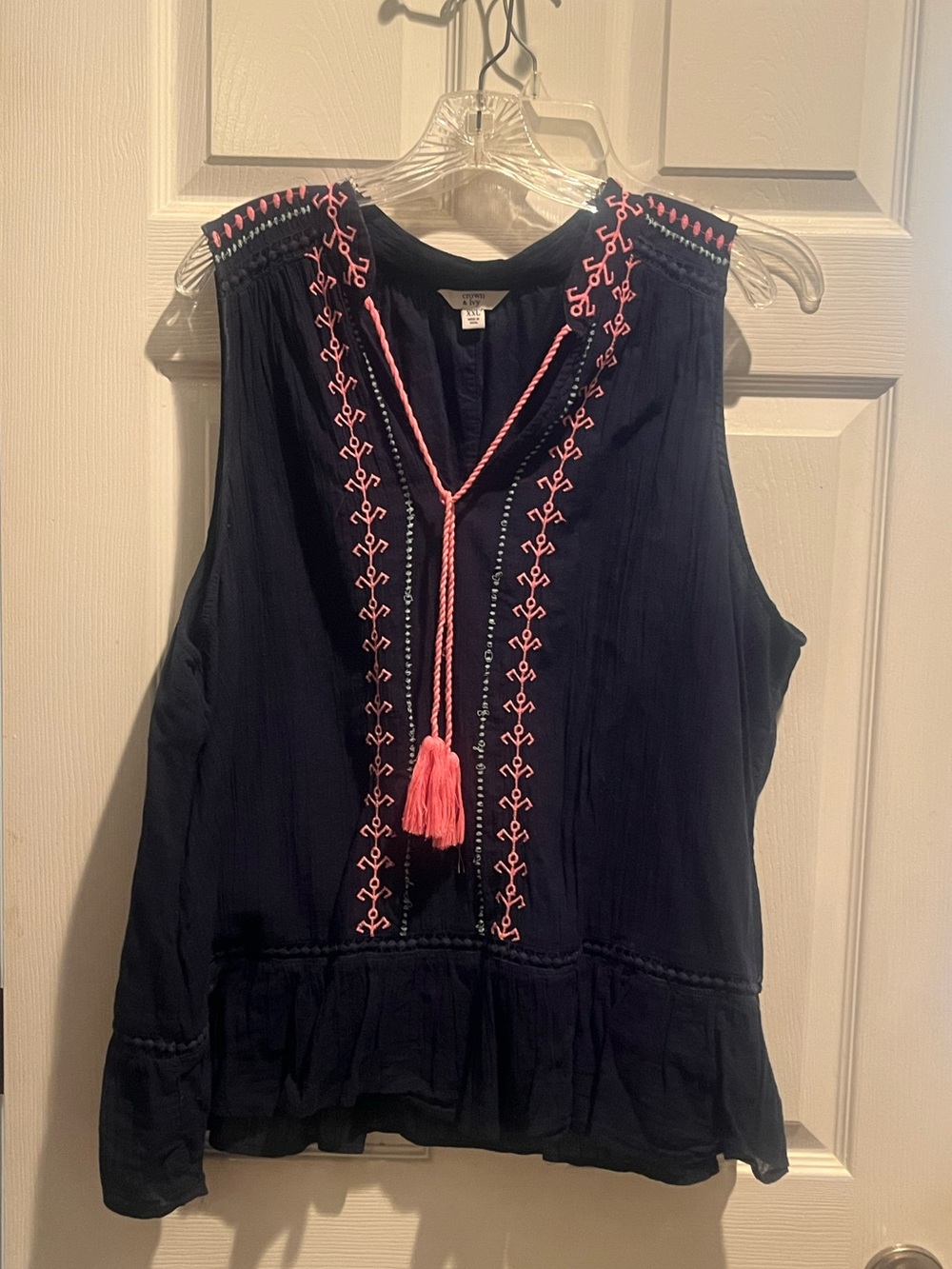 crown & ivy Navy Sleeveless Embroidered Tassel Camisole with Pink Accents